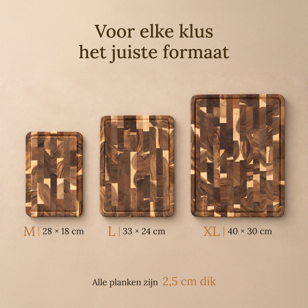 Afmetingen van de Namture acacia snijplankenset: M 28 × 18 cm, L 33 × 24 cm en XL 40 × 30 cm. Alle planken zijn 2,5 cm dik.