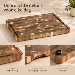 Details van de Namture acacia snijplanken: een sapgeul om vocht op te vangen, handgrepen en antislipvoetjes.