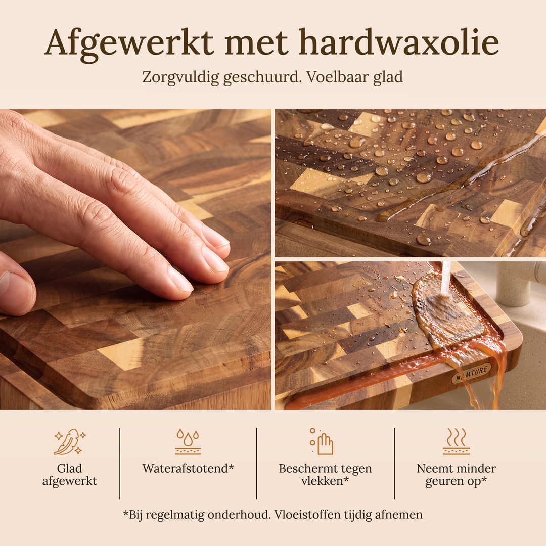 Namture acacia snijplanken afgewerkt met hardwaxolie: glad geschuurd en waterafstotend bij regelmatig onderhoud. Vloeistoffen tijdig afnemen.