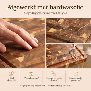 Namture acacia snijplanken afgewerkt met hardwaxolie: glad geschuurd en waterafstotend bij regelmatig onderhoud. Vloeistoffen tijdig afnemen.