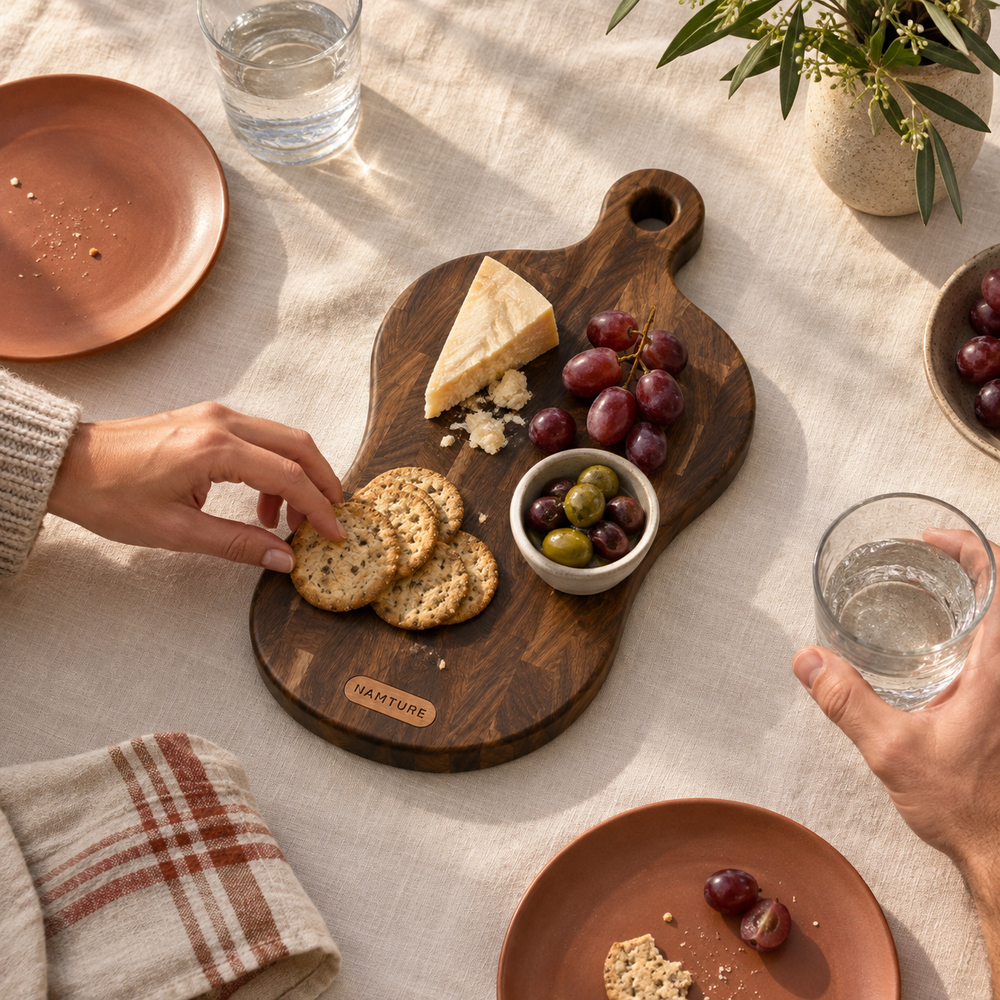 Namture borrelplank met kaas, crackers en druiven tijdens een borrel