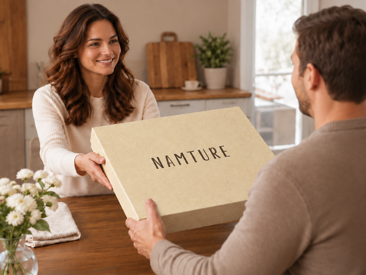 Een vrouw geeft een Namture giftbox cadeau.