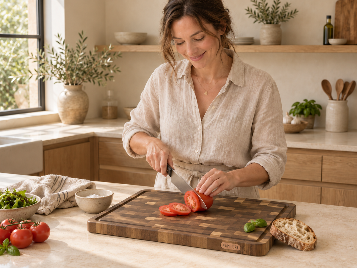 Een vrouw bereidt eten op een Namture acacia snijplank in een lichte keuken.