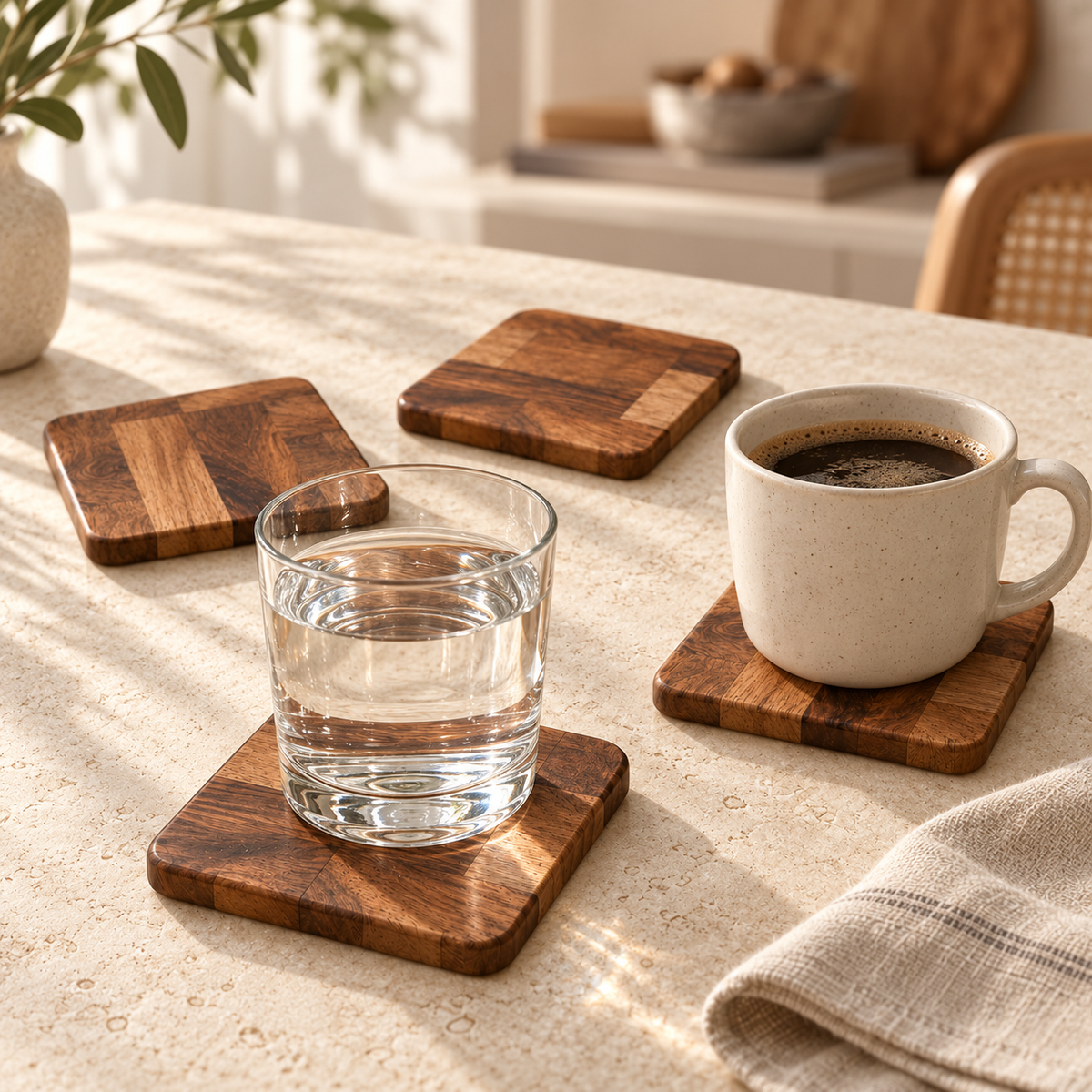 Acacia onderzetters op tafel