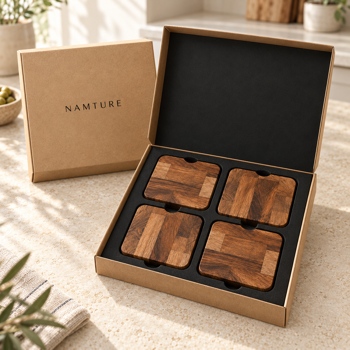Vier acacia onderzetters in cadeaudoos