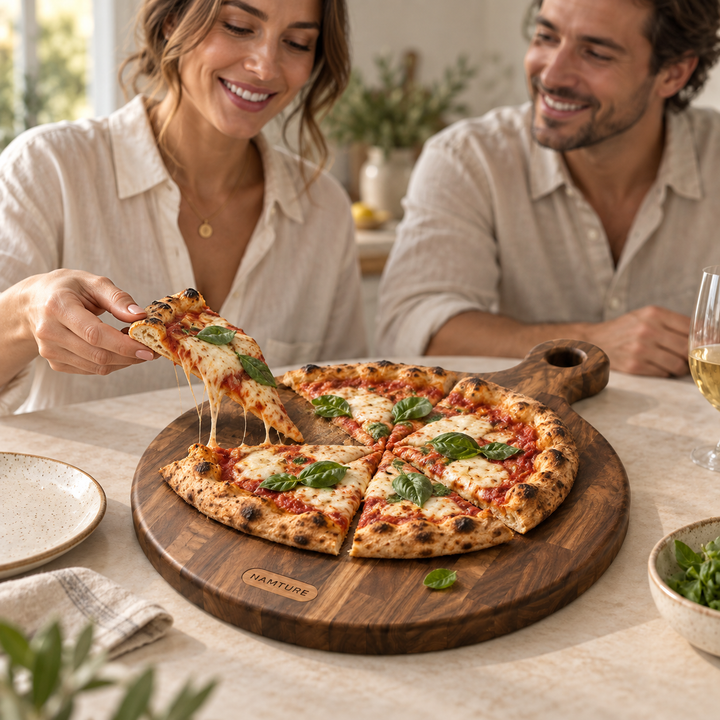 Samen pizza delen op de Namture pizzaplank